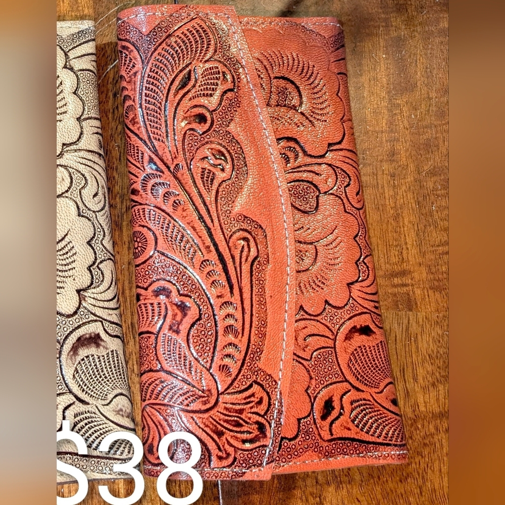 LARGE CORAL ORANGE Tooled Leather Ladies Wallet